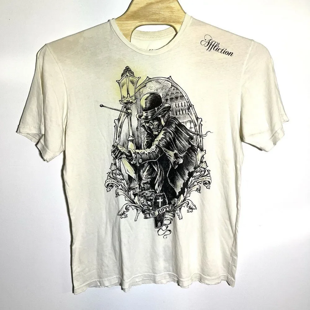 Affliction Men's XL‎ THE RIPPER Skull Reaper Lantern White Tshirt Y2K Grunge